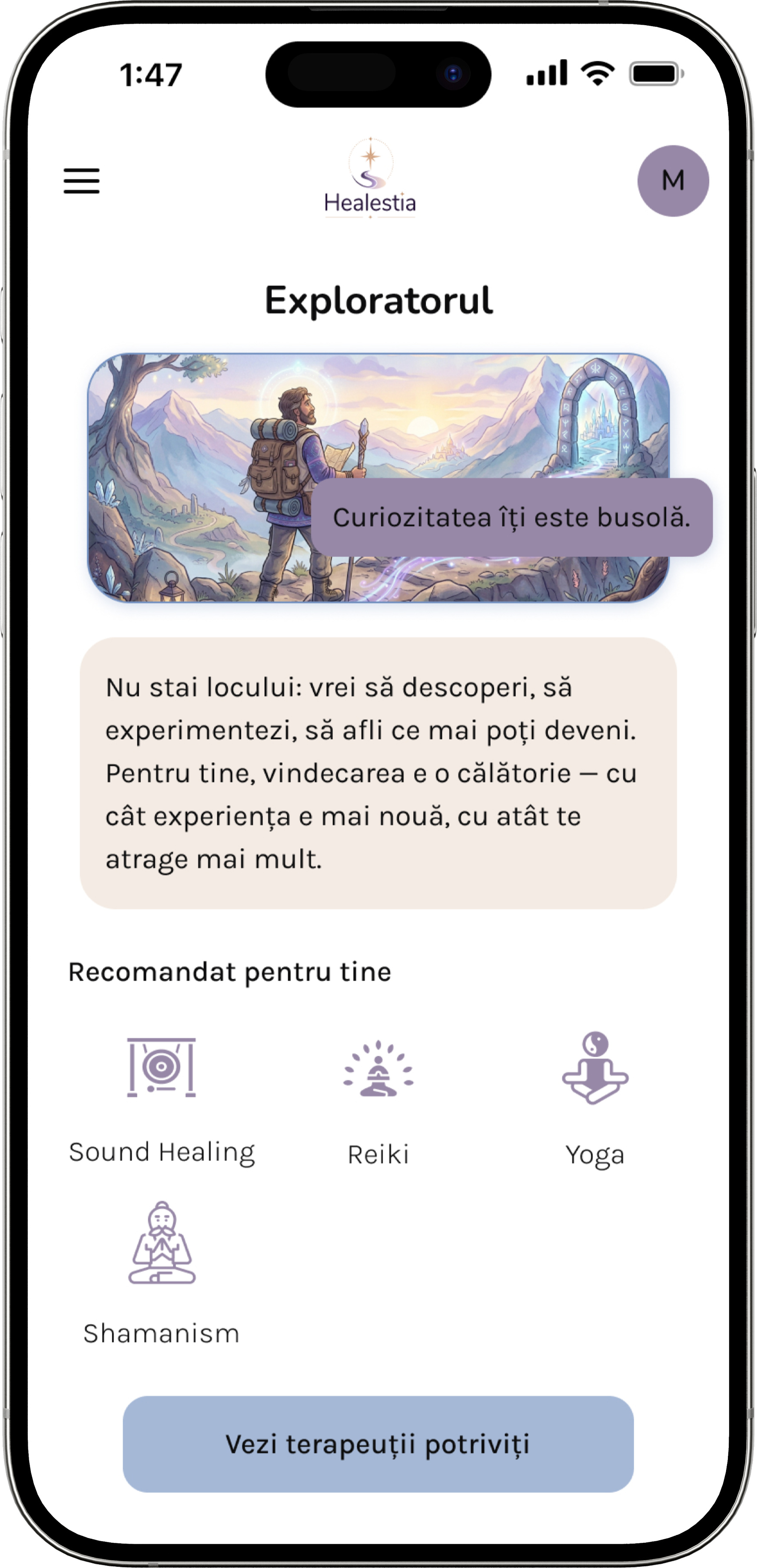 Profilul Exploratorul în aplicația Healestia